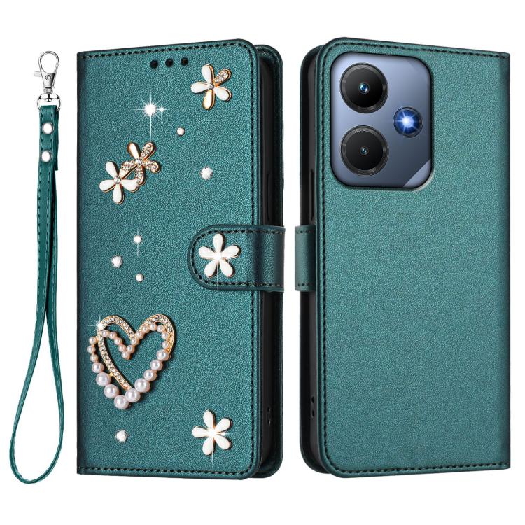 For Infinix Hot 30i / X669 ZS01 Double-Layer Heart Floral Vegan Leather Phone Case with Wrist Strap