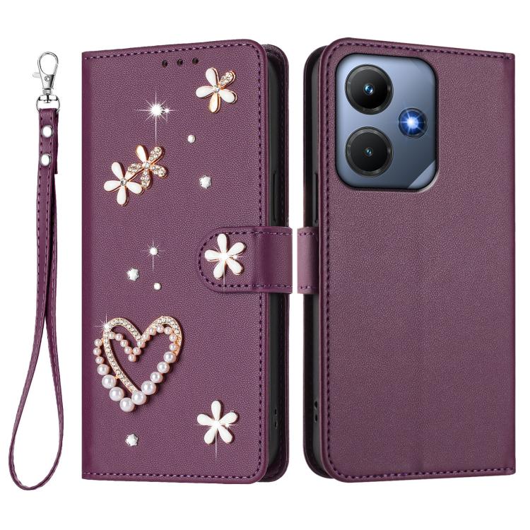 For Infinix Hot 30i / X669 ZS01 Double-Layer Heart Floral Vegan Leather Phone Case with Wrist Strap