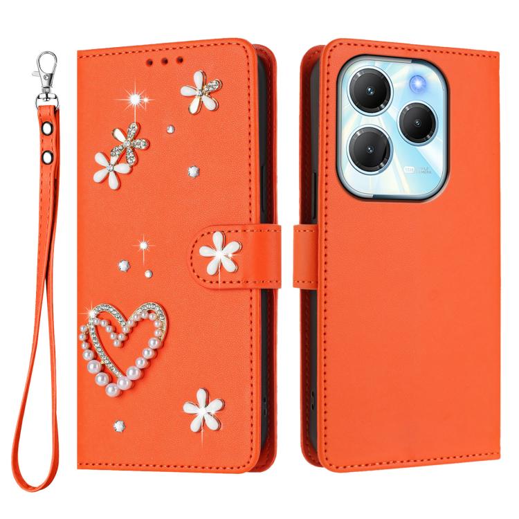 For Infinix Hot 40 4G / Hot 40 Pro 4G ZS01 Double-Layer Heart Floral Vegan Leather Phone Case with Wrist Strap