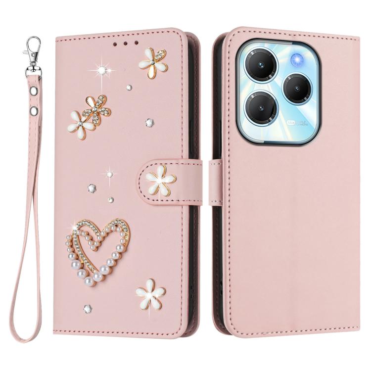 For Infinix Hot 40 4G / Hot 40 Pro 4G ZS01 Double-Layer Heart Floral Vegan Leather Phone Case with Wrist Strap