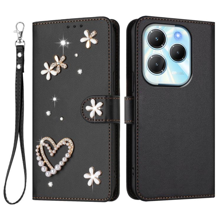 For Infinix Hot 40 4G / Hot 40 Pro 4G ZS01 Double-Layer Heart Floral Vegan Leather Phone Case with Wrist Strap