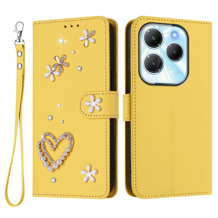 For Infinix Hot 40 4G / Hot 40 Pro 4G ZS01 Double-Layer Heart Floral Vegan Leather Phone Case with Wrist Strap