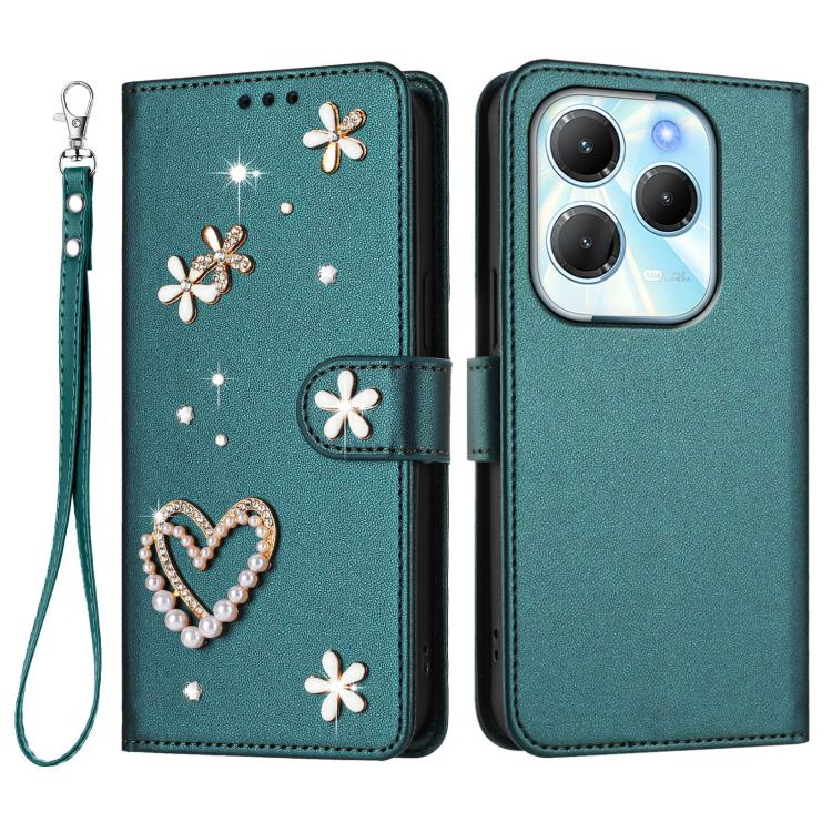 For Infinix Hot 40 4G / Hot 40 Pro 4G ZS01 Double-Layer Heart Floral Vegan Leather Phone Case with Wrist Strap