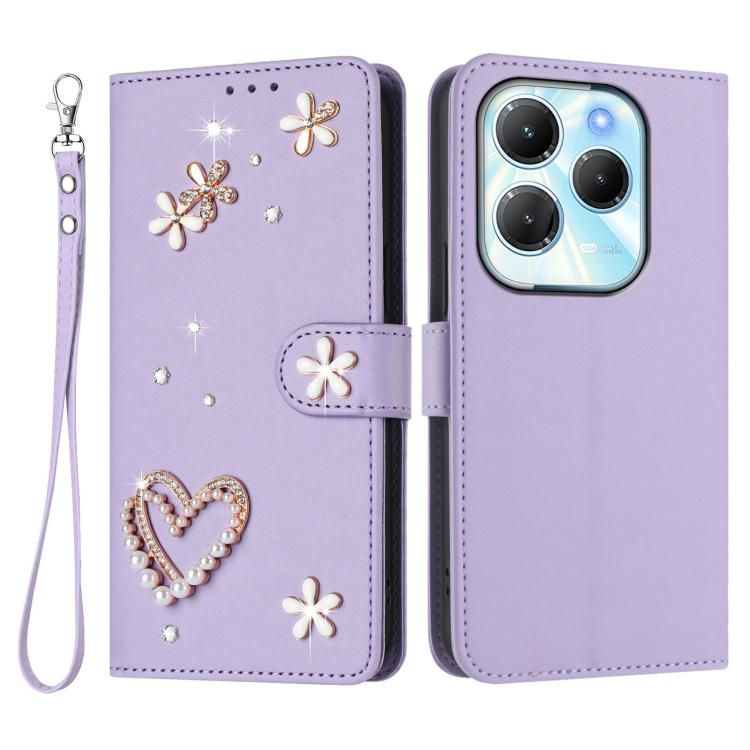 For Infinix Hot 40 4G / Hot 40 Pro 4G ZS01 Double-Layer Heart Floral Vegan Leather Phone Case with Wrist Strap
