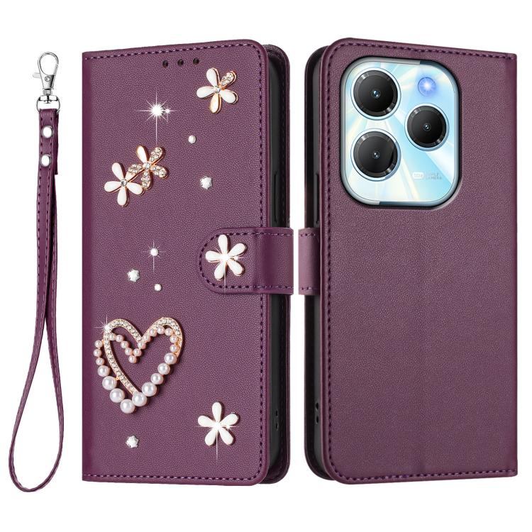 For Infinix Hot 40 4G / Hot 40 Pro 4G ZS01 Double-Layer Heart Floral Vegan Leather Phone Case with Wrist Strap