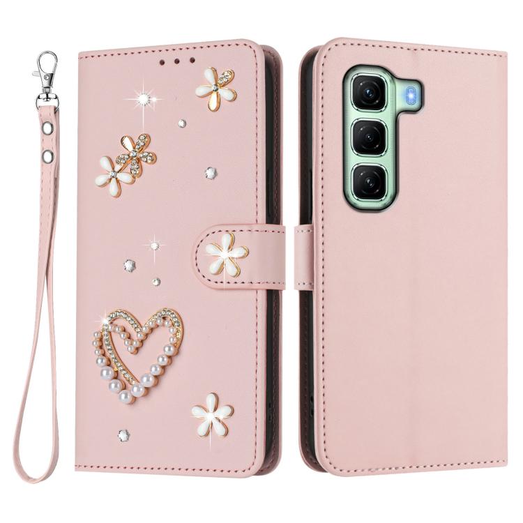 For Infinix Hot 50 4G ZS01 Double-Layer Heart Floral Vegan Leather Phone Case with Wrist Strap