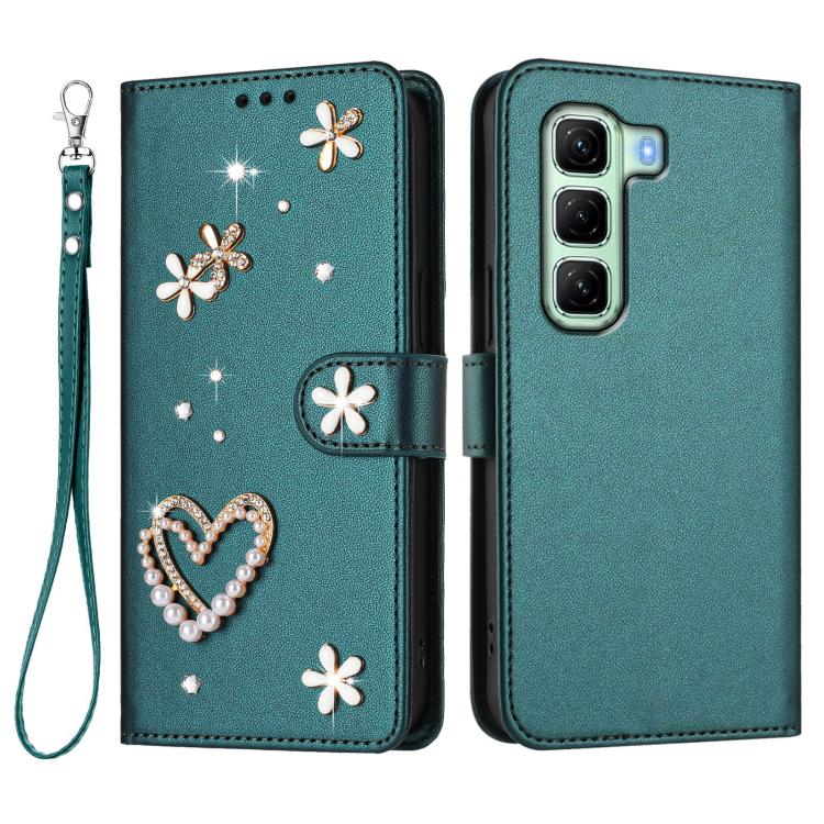 For Infinix Hot 50 4G ZS01 Double-Layer Heart Floral Vegan Leather Phone Case with Wrist Strap