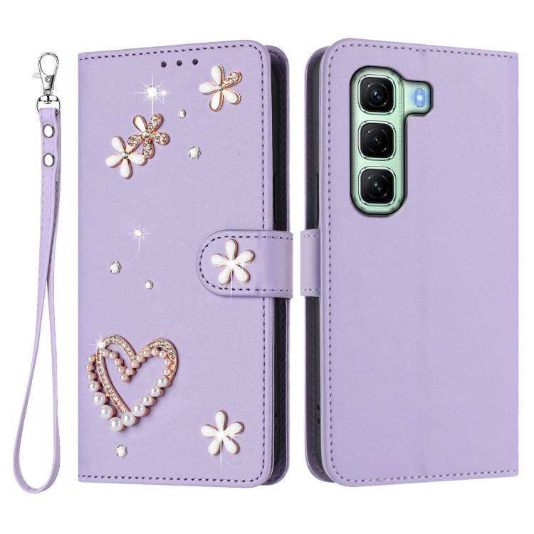 For Infinix Hot 50 4G ZS01 Double-Layer Heart Floral Vegan Leather Phone Case with Wrist Strap