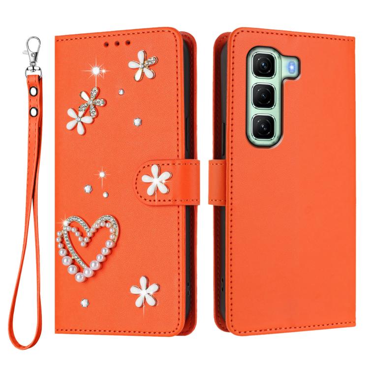For Infinix Hot 50 5G ZS01 Double-Layer Heart Floral Vegan Leather Phone Case with Wrist Strap
