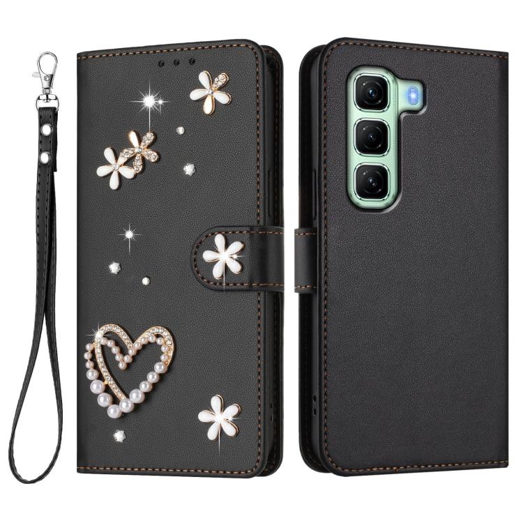 For Infinix Hot 50 5G ZS01 Double-Layer Heart Floral Vegan Leather Phone Case with Wrist Strap