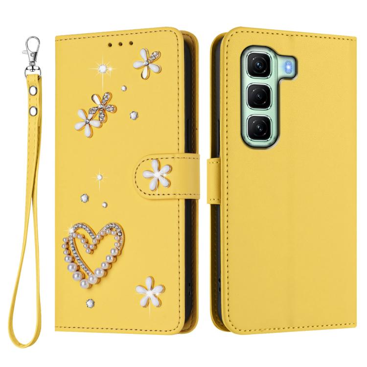 For Infinix Hot 50 5G ZS01 Double-Layer Heart Floral Vegan Leather Phone Case with Wrist Strap