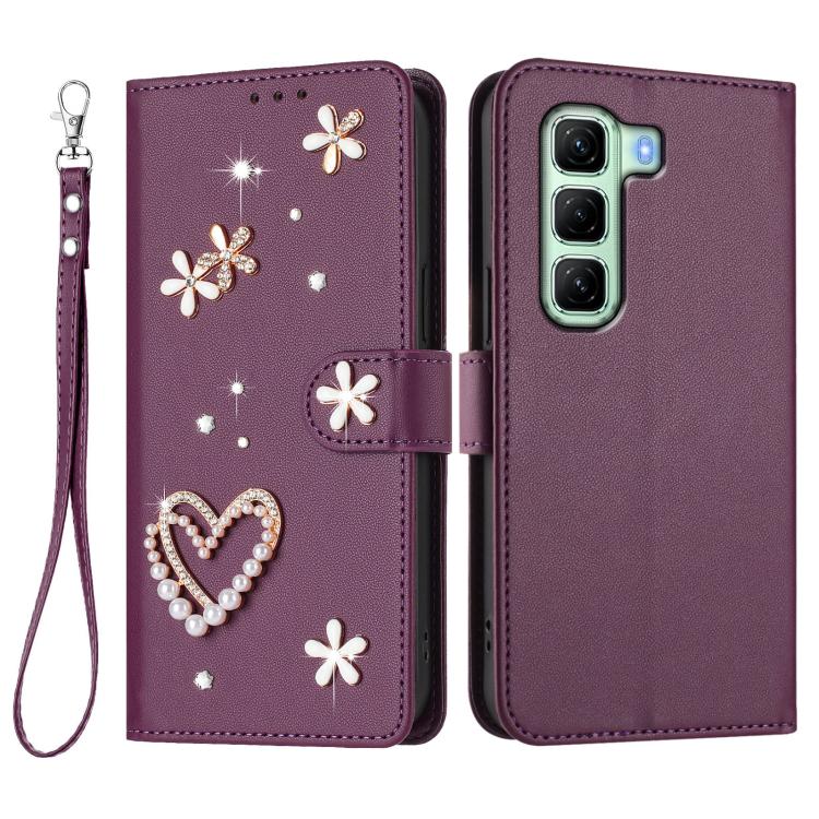 For Infinix Hot 50 5G ZS01 Double-Layer Heart Floral Vegan Leather Phone Case with Wrist Strap