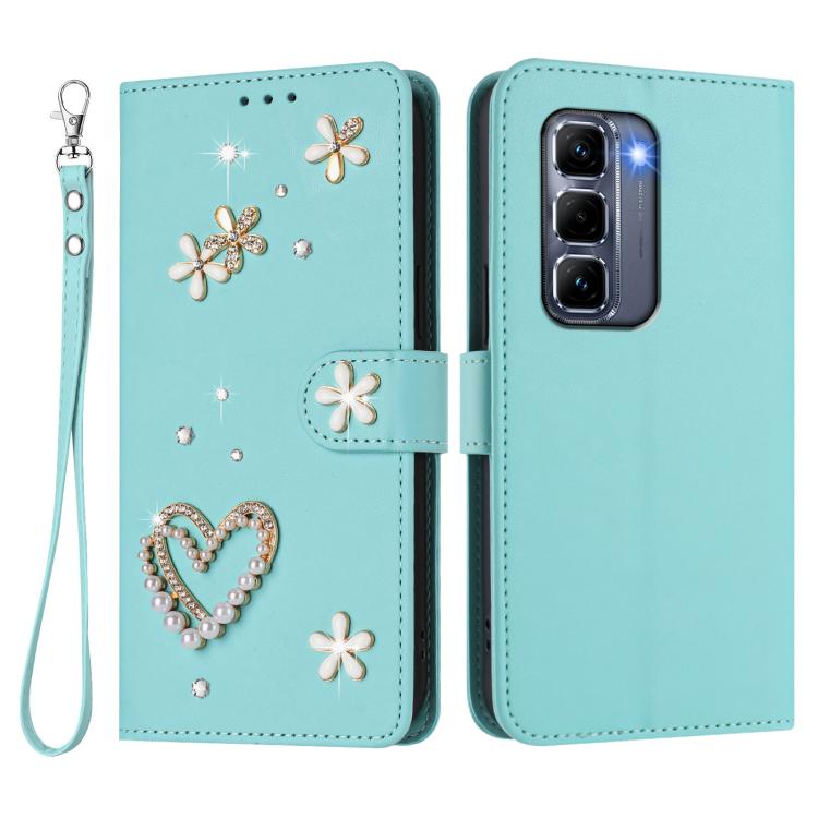 For Infinix Hot 50 Pro+ 4G ZS01 Double-Layer Heart Floral Vegan Leather Phone Case with Wrist Strap
