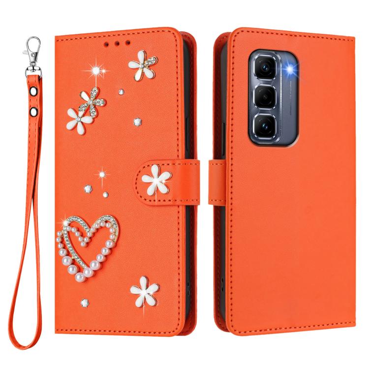 For Infinix Hot 50 Pro+ 4G ZS01 Double-Layer Heart Floral Vegan Leather Phone Case with Wrist Strap