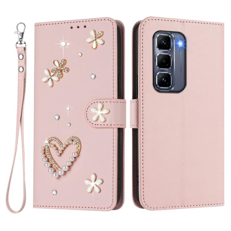 For Infinix Hot 50 Pro+ 4G ZS01 Double-Layer Heart Floral Vegan Leather Phone Case with Wrist Strap