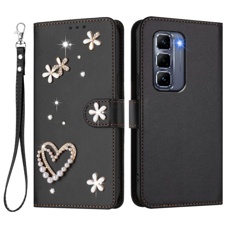 For Infinix Hot 50 Pro+ 4G ZS01 Double-Layer Heart Floral Vegan Leather Phone Case with Wrist Strap