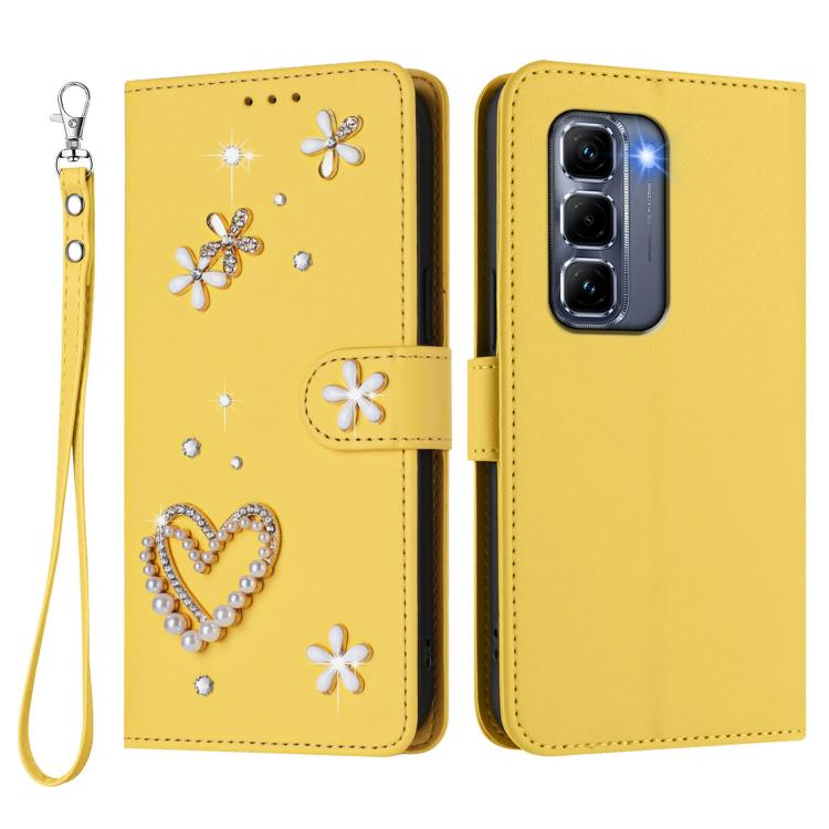 For Infinix Hot 50 Pro+ 4G ZS01 Double-Layer Heart Floral Vegan Leather Phone Case with Wrist Strap