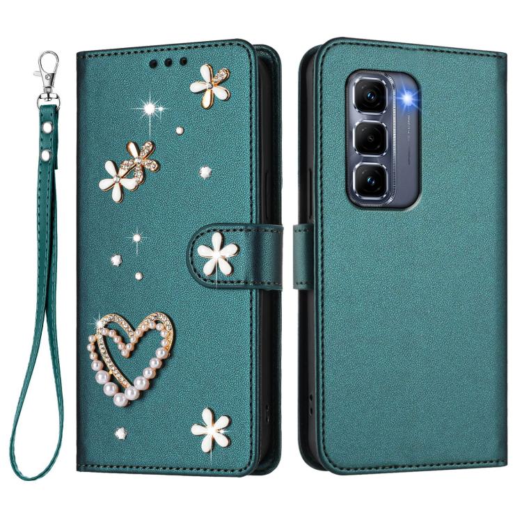 For Infinix Hot 50 Pro+ 4G ZS01 Double-Layer Heart Floral Vegan Leather Phone Case with Wrist Strap