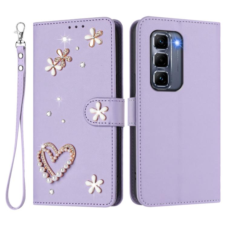 For Infinix Hot 50 Pro+ 4G ZS01 Double-Layer Heart Floral Vegan Leather Phone Case with Wrist Strap