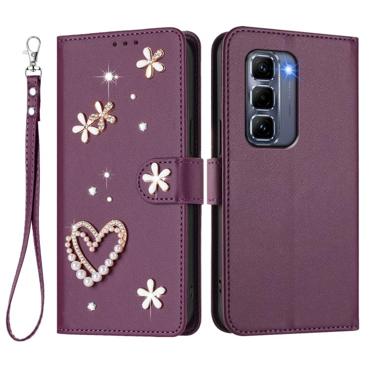 For Infinix Hot 50 Pro+ 4G ZS01 Double-Layer Heart Floral Vegan Leather Phone Case with Wrist Strap
