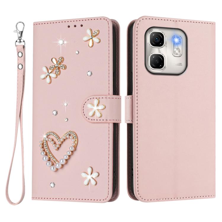 For Infinix Hot 50i 4G / Smart 9 4G ZS01 Double-Layer Heart Floral Vegan Leather Phone Case with Wrist Strap