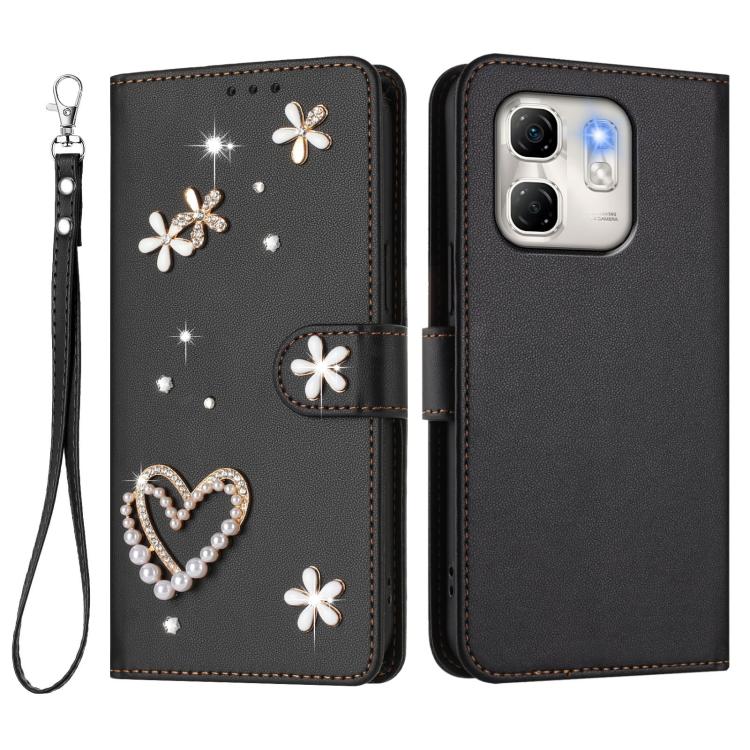 For Infinix Hot 50i 4G / Smart 9 4G ZS01 Double-Layer Heart Floral Vegan Leather Phone Case with Wrist Strap