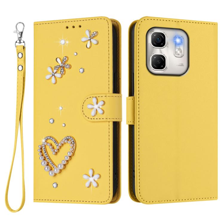 For Infinix Hot 50i 4G / Smart 9 4G ZS01 Double-Layer Heart Floral Vegan Leather Phone Case with Wrist Strap