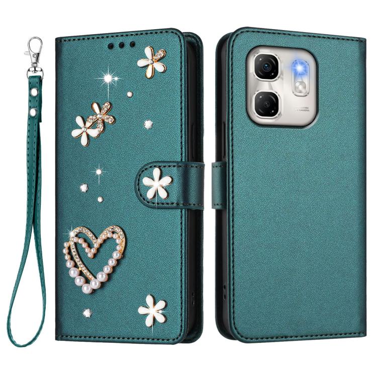 For Infinix Hot 50i 4G / Smart 9 4G ZS01 Double-Layer Heart Floral Vegan Leather Phone Case with Wrist Strap
