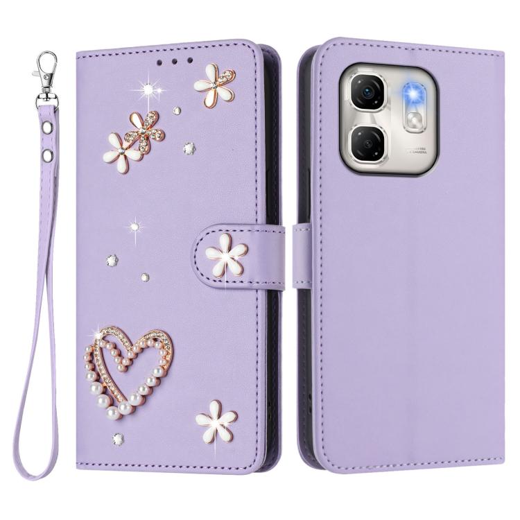 For Infinix Hot 50i 4G / Smart 9 4G ZS01 Double-Layer Heart Floral Vegan Leather Phone Case with Wrist Strap