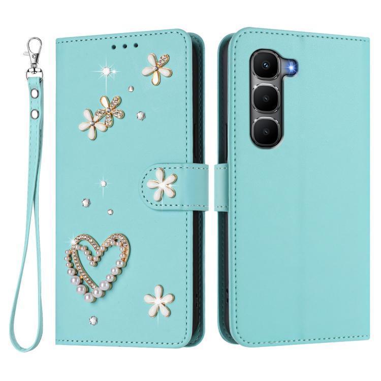 For Infinix Hot 60 4G / 60i 4G ZS01 Double-Layer Heart Floral Vegan Leather Phone Case with Wrist Strap
