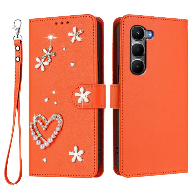 For Infinix Hot 60 4G / 60i 4G ZS01 Double-Layer Heart Floral Vegan Leather Phone Case with Wrist Strap