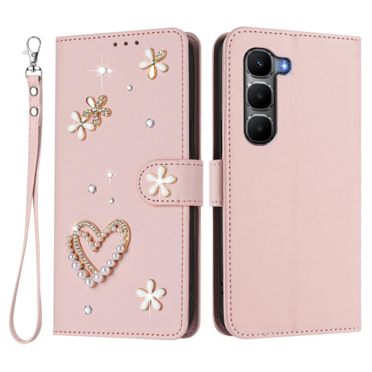 For Infinix Hot 60 4G / 60i 4G ZS01 Double-Layer Heart Floral Vegan Leather Phone Case with Wrist Strap