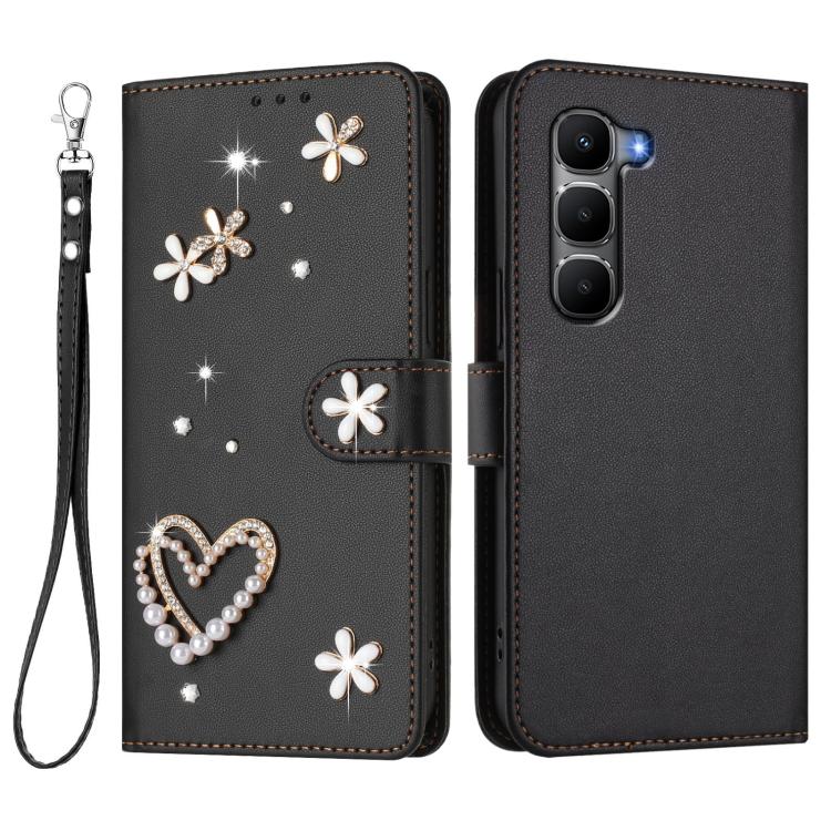 For Infinix Hot 60 4G / 60i 4G ZS01 Double-Layer Heart Floral Vegan Leather Phone Case with Wrist Strap