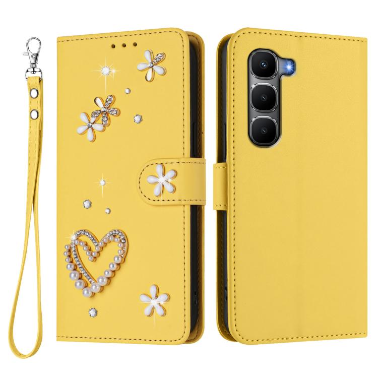 For Infinix Hot 60 4G / 60i 4G ZS01 Double-Layer Heart Floral Vegan Leather Phone Case with Wrist Strap