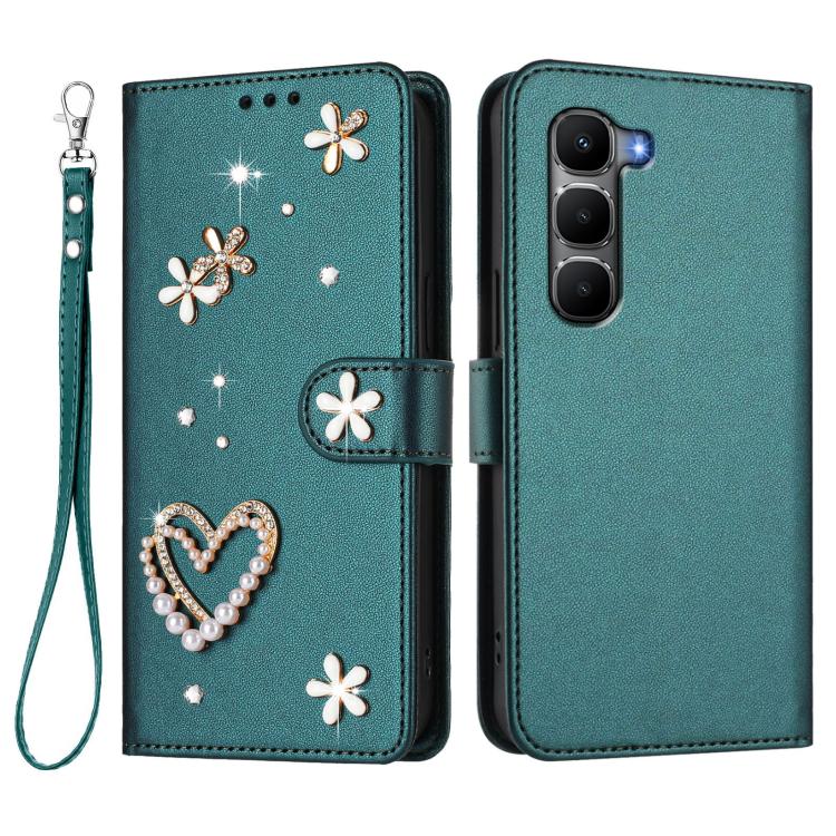 For Infinix Hot 60 4G / 60i 4G ZS01 Double-Layer Heart Floral Vegan Leather Phone Case with Wrist Strap