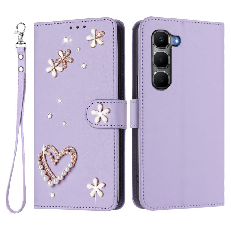 For Infinix Hot 60 4G / 60i 4G ZS01 Double-Layer Heart Floral Vegan Leather Phone Case with Wrist Strap