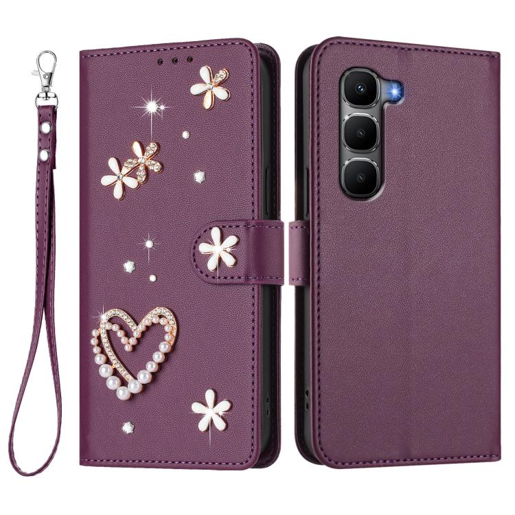 For Infinix Hot 60 4G / 60i 4G ZS01 Double-Layer Heart Floral Vegan Leather Phone Case with Wrist Strap