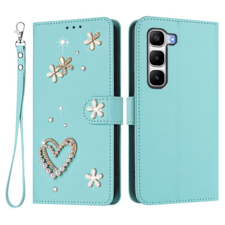For Infinix Hot 60 Pro+ 4G ZS01 Double-Layer Heart Floral Vegan Leather Phone Case with Wrist Strap