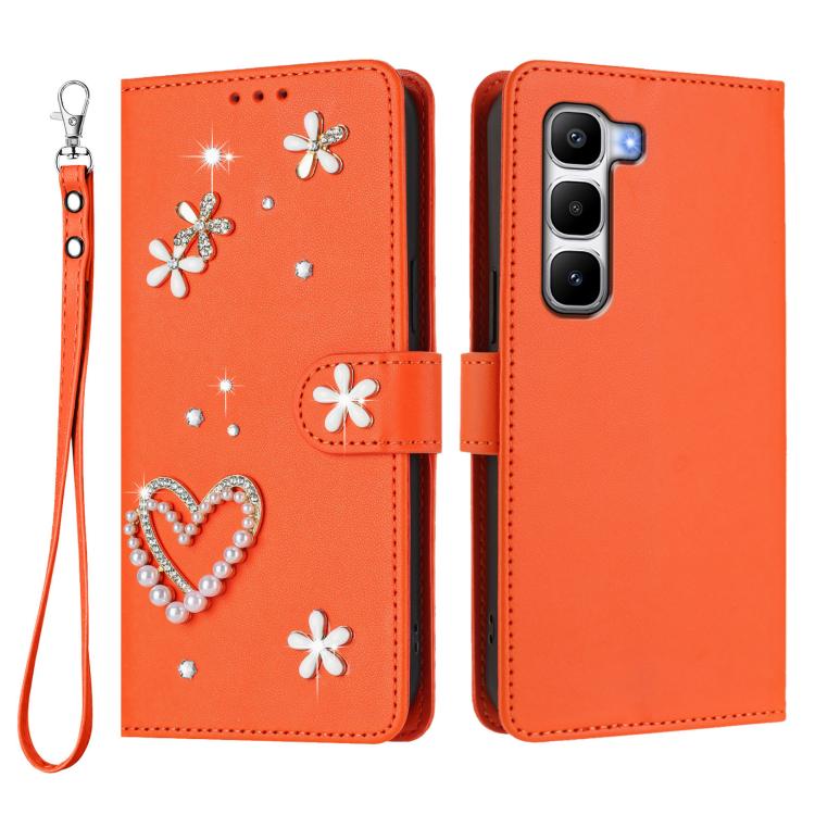 For Infinix Hot 60 Pro+ 4G ZS01 Double-Layer Heart Floral Vegan Leather Phone Case with Wrist Strap
