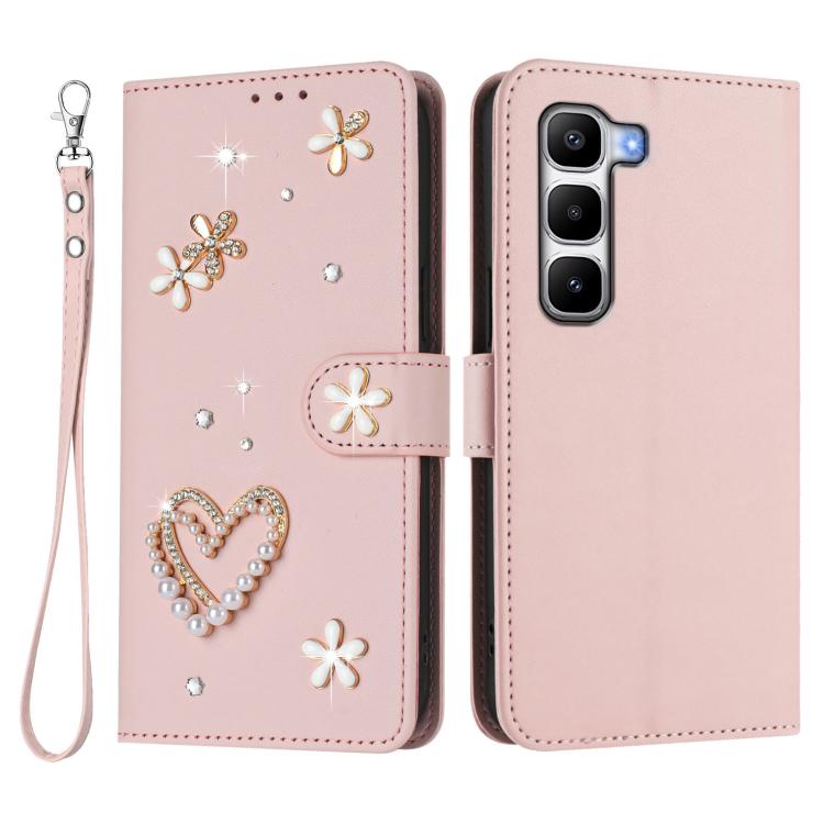 For Infinix Hot 60 Pro+ 4G ZS01 Double-Layer Heart Floral Vegan Leather Phone Case with Wrist Strap