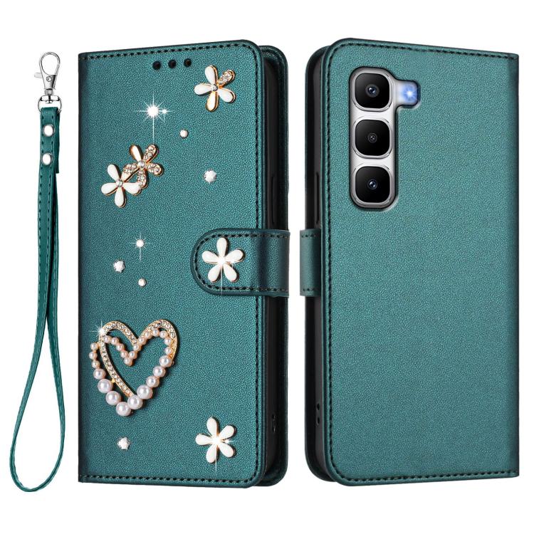 For Infinix Hot 60 Pro+ 4G ZS01 Double-Layer Heart Floral Vegan Leather Phone Case with Wrist Strap