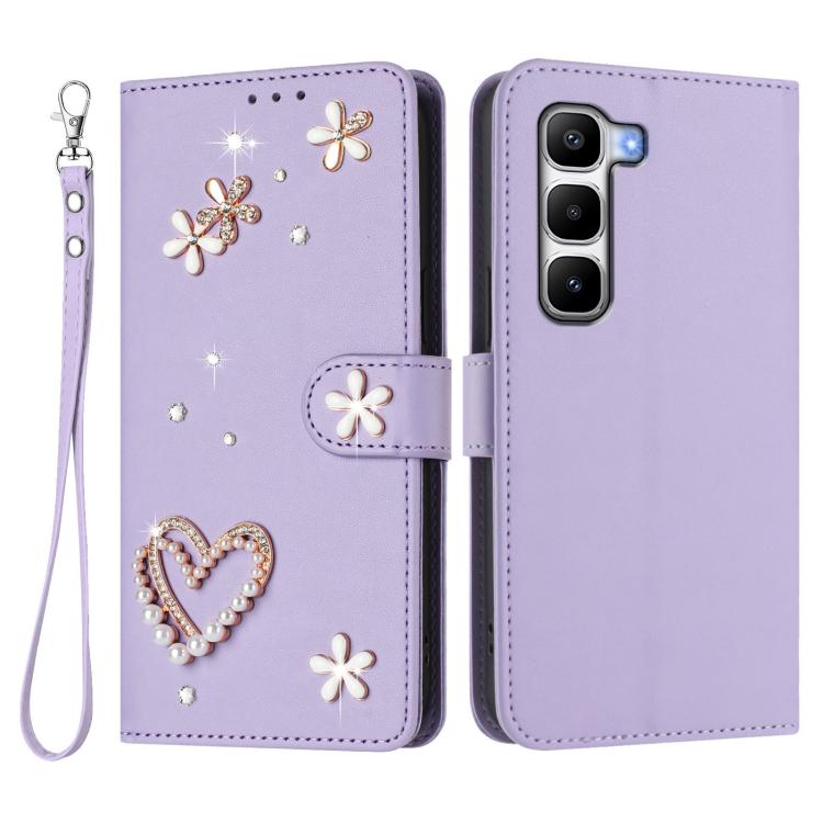 For Infinix Hot 60 Pro+ 4G ZS01 Double-Layer Heart Floral Vegan Leather Phone Case with Wrist Strap