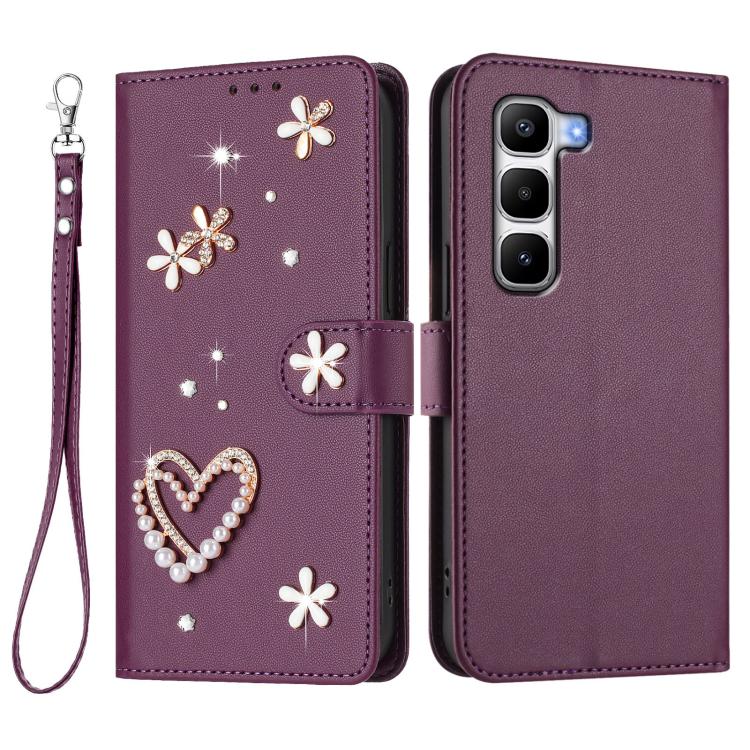 For Infinix Hot 60 Pro+ 4G ZS01 Double-Layer Heart Floral Vegan Leather Phone Case with Wrist Strap