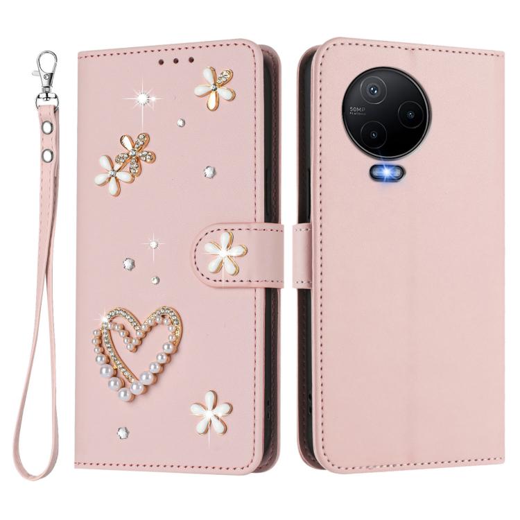 For Infinix Note 12 2023 4G ZS01 Double-Layer Heart Floral Vegan Leather Phone Case with Wrist Strap
