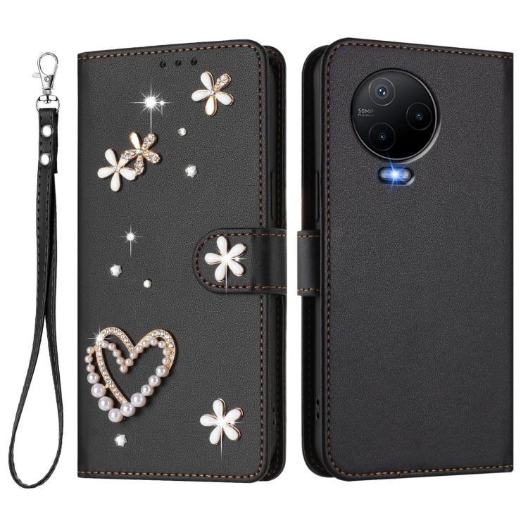 For Infinix Note 12 2023 4G ZS01 Double-Layer Heart Floral Vegan Leather Phone Case with Wrist Strap