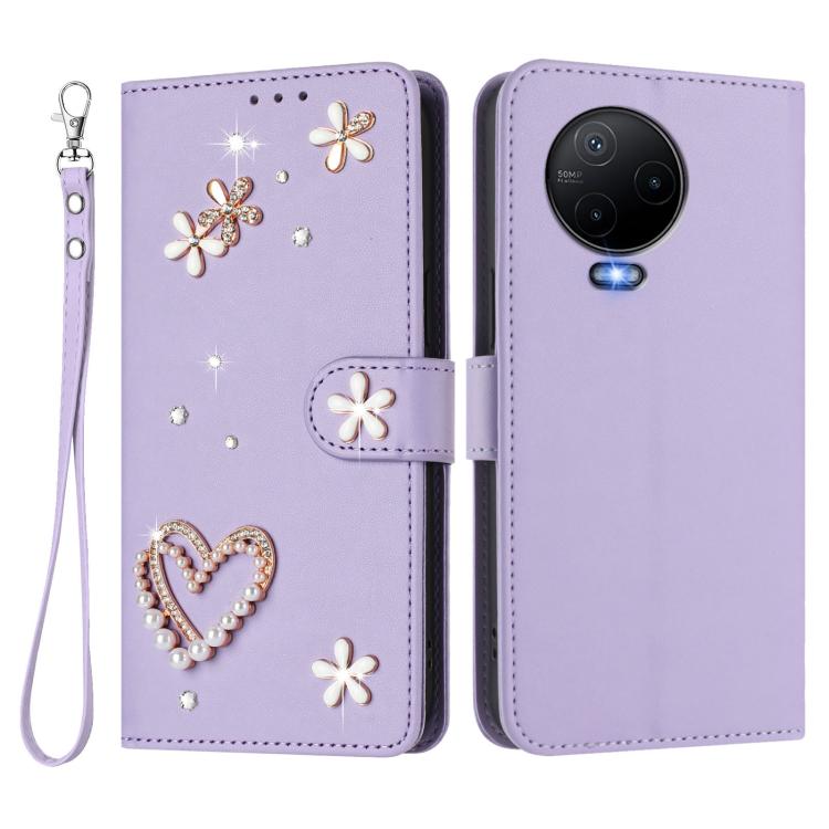 For Infinix Note 12 2023 4G ZS01 Double-Layer Heart Floral Vegan Leather Phone Case with Wrist Strap