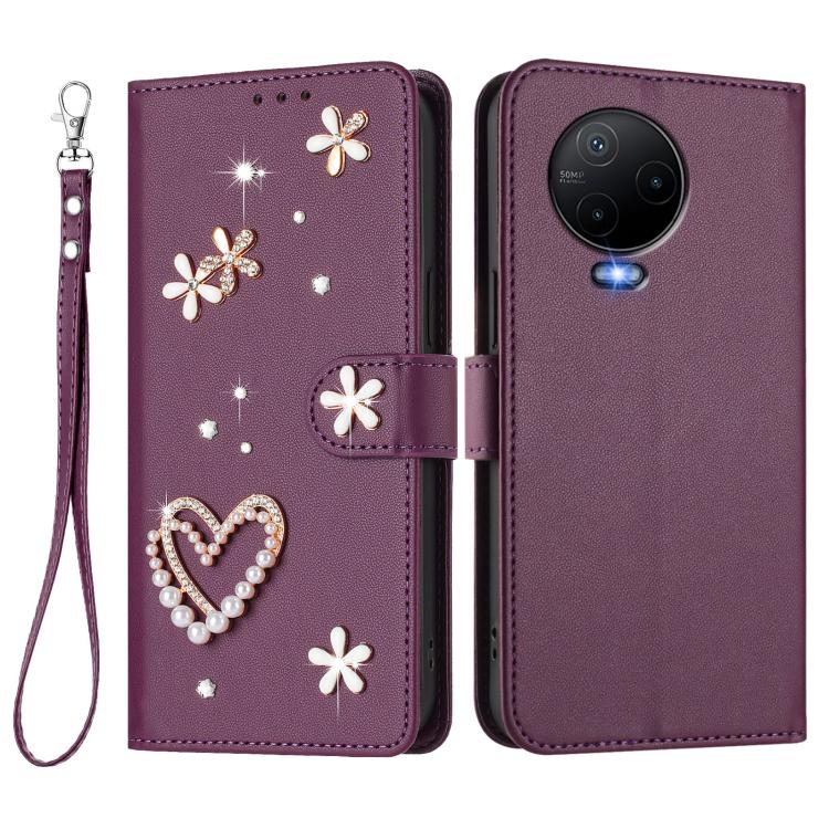 For Infinix Note 12 2023 4G ZS01 Double-Layer Heart Floral Vegan Leather Phone Case with Wrist Strap