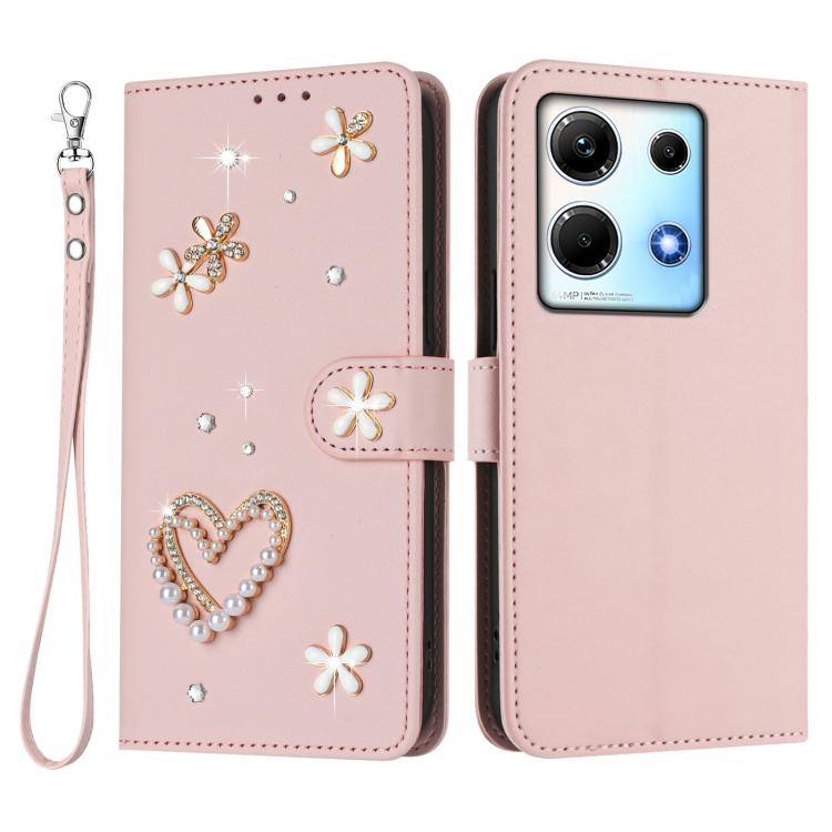 For Infinix Note 30 4G / Note 30 5G ZS01 Double-Layer Heart Floral Vegan Leather Phone Case with Wrist Strap