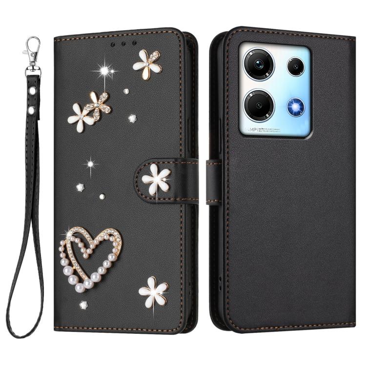 For Infinix Note 30 4G / Note 30 5G ZS01 Double-Layer Heart Floral Vegan Leather Phone Case with Wrist Strap