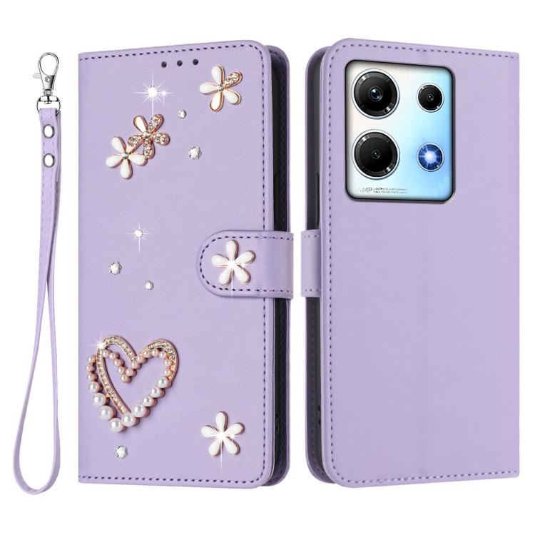 For Infinix Note 30 4G / Note 30 5G ZS01 Double-Layer Heart Floral Vegan Leather Phone Case with Wrist Strap